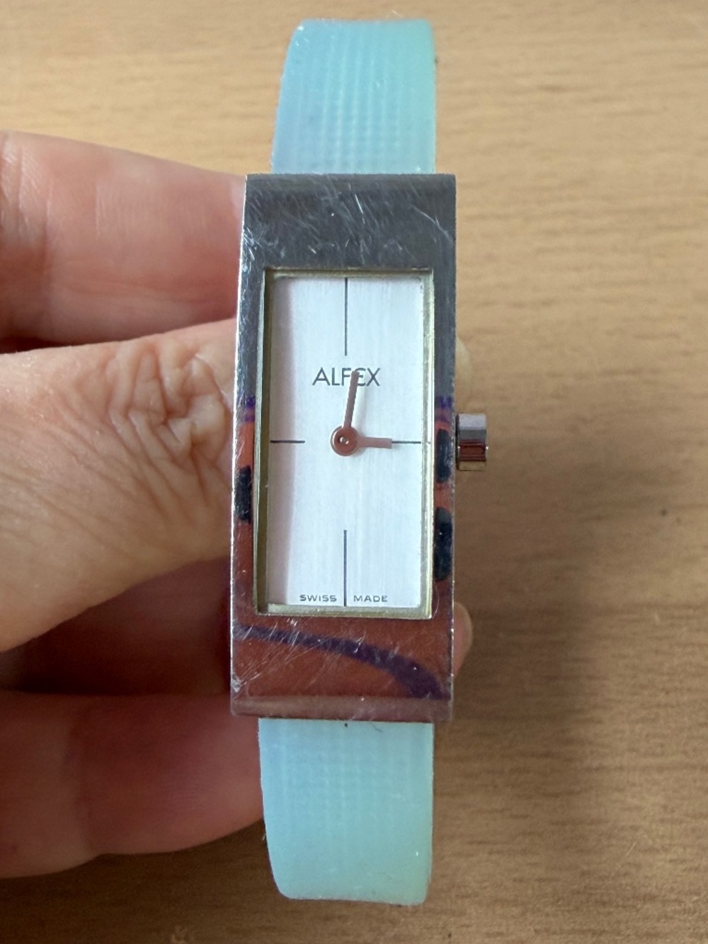 Vintage Alfex Watch Aqua Blue Transparent Silicone Band Silver Tone Deployment